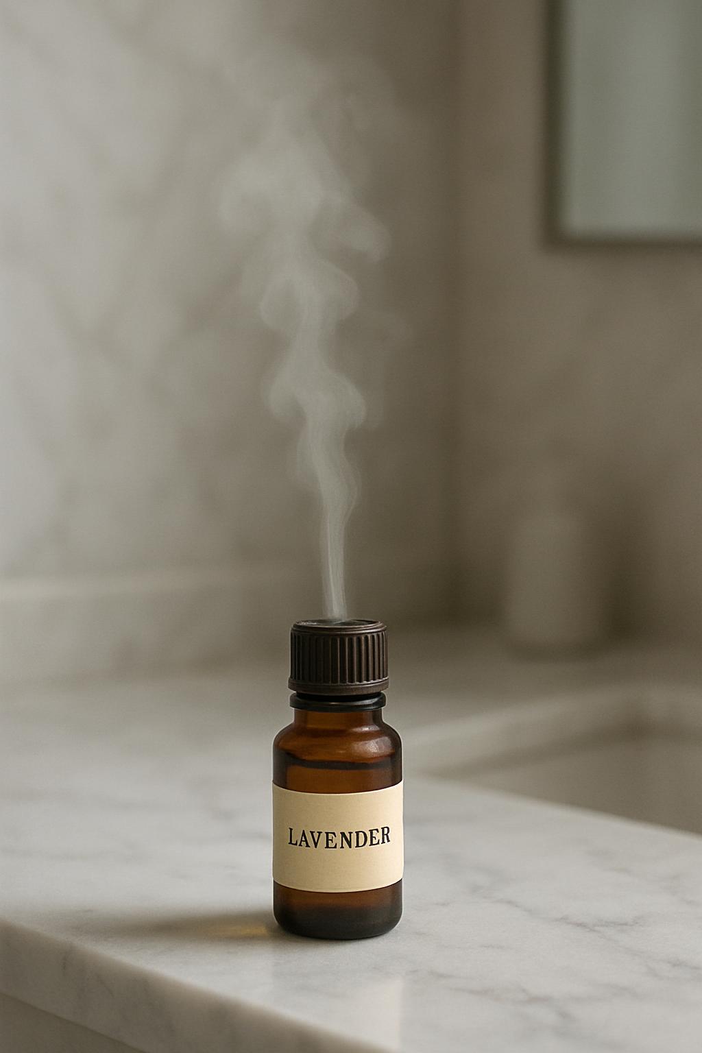 The image depicts a dark brown glass bottle with a ridged black cap and beige label containing the word "LAVENDER". The la...