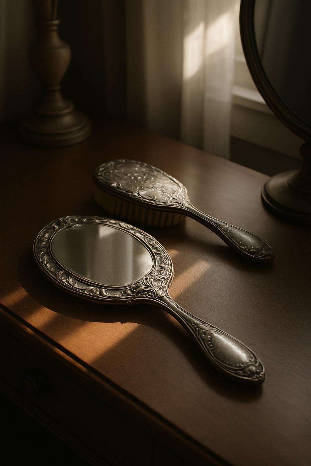 An antique, ornate mirror with an oval button shape and intricate embossed frame, sits on a table before a larger round mi...